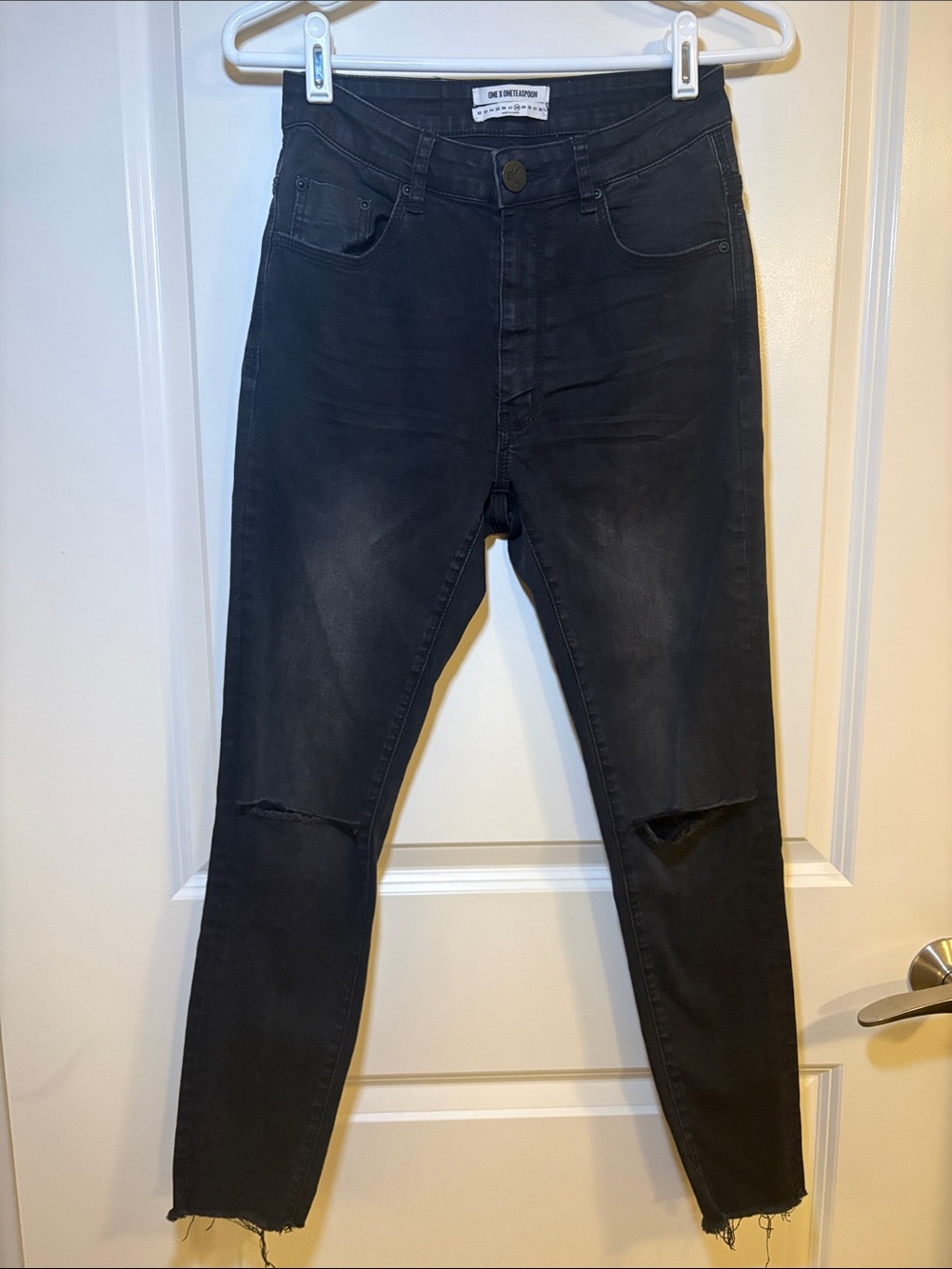 One x One Teaspoon Black Skinny Jeans with Knee Rips - Women's Size 28 Raw Hem